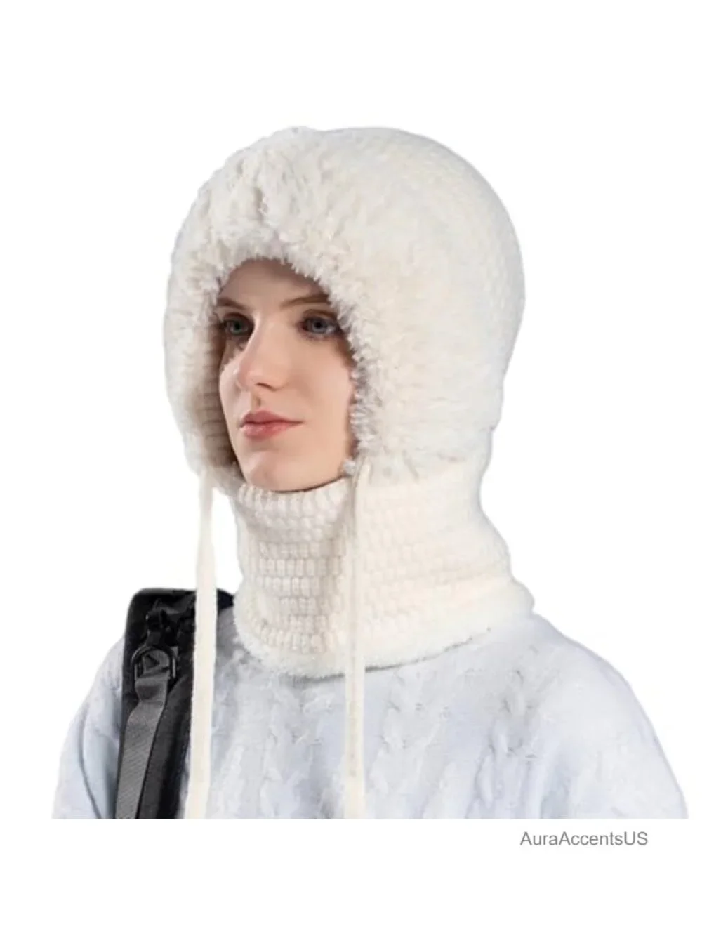 Winter Knitted Balaclava Fleece Lined Hooded Beanie Hat Women Windproof